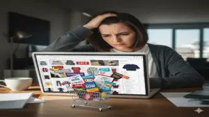 Frustrated online shopper looking at a cluttered e-commerce website on a laptop.