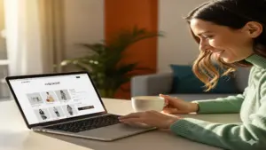 Happy customer completing a simple one-step checkout on an online fashion store.