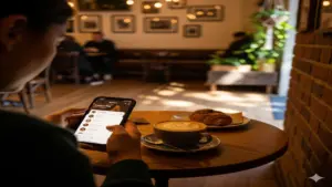 Person ordering coffee through a clean and simple café mobile app inside a cozy café.