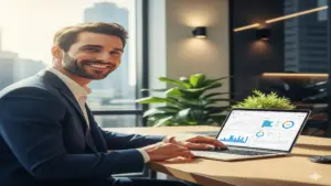 Professional using a laptop with a clean and easy-to-read SaaS dashboard.