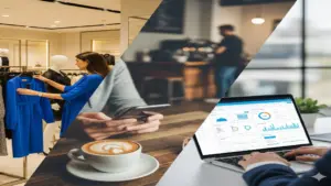 Business collage showing e-commerce shopping, café app ordering, and SaaS dashboard usage to highlight UI/UX improvements.
