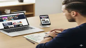Business professional reviewing a website on laptop and smartphone with a checklist on the desk.