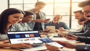 Happy diverse group of customers engaging with a modern website and mobile app.