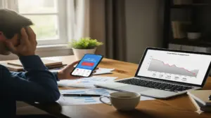Frustrated small business owner looking at low social media engagement on phone and laptop with declining graphs.