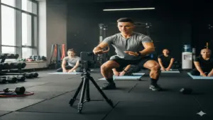 Personal trainer recording a workout video on smartphone tripod inside a gym with clients stretching in the background.