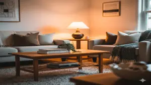 Cozy living room with stylish home décor and warm lighting, staged for a lifestyle social media post.