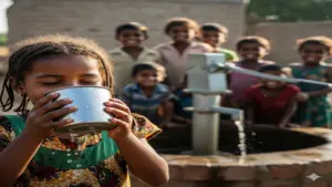 Smiling young girl drinking clean water at a village well with other children in the background.