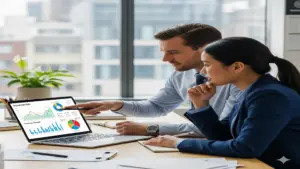 Two business professionals reviewing social media analytics on a laptop with colorful charts and graphs.