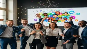 Business team celebrating a successful social media marketing campaign with results on a big screen.