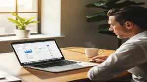 Business professional checking email marketing analytics on laptop in modern office.
