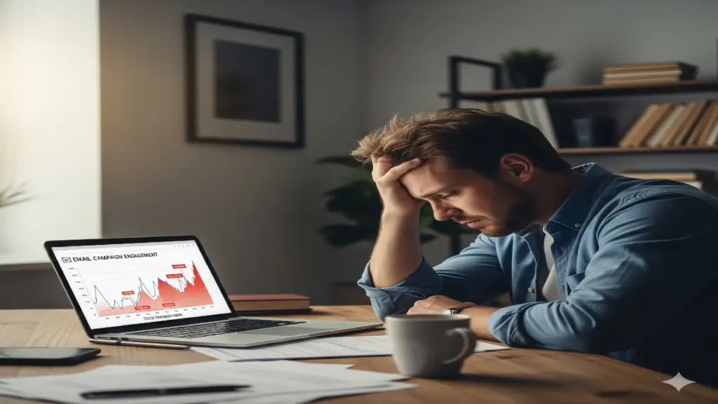 Frustrated business owner looking at poor email open rates and declining graph on laptop.