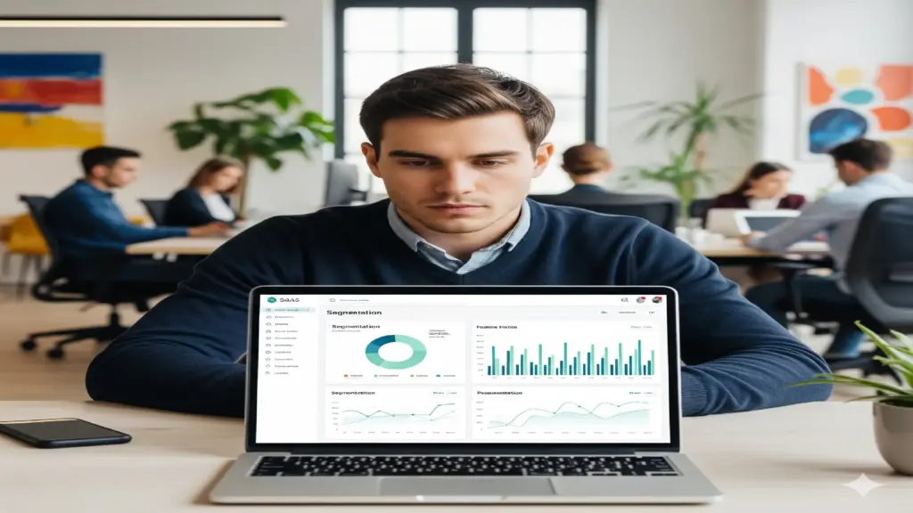 Professional analyzing SaaS email segmentation data on laptop in co-working office.