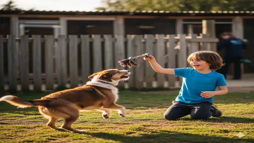Smiling child hugging rescued dog at animal shelter during daytime.