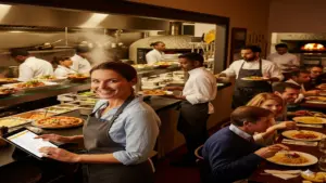 Restaurant owner checking food delivery orders on a tablet while customers enjoy dining.