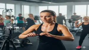 Personal trainer recording a workout session on her phone with clients exercising in the gym.