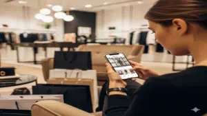Shopper using a fashion app on her smartphone inside a boutique with shopping bags nearby.