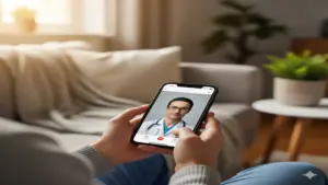 Patient using a healthcare mobile app for a video consultation with a doctor at home.