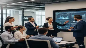 Business professionals analyzing mobile app performance charts and graphs in a tech office.