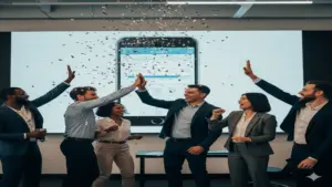 Business team celebrating successful mobile app launch with a large smartphone interface on display.