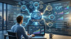 AI SEO strategy concept showing small business using artificial intelligence to improve search engine rankings